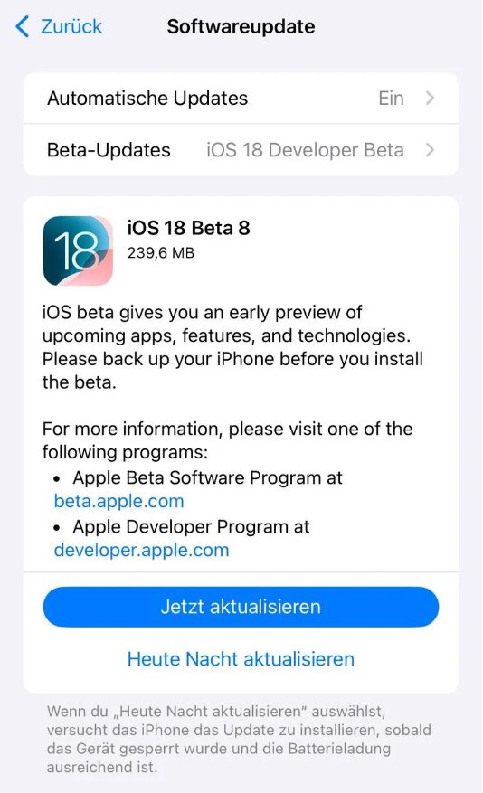 乌兰浩特苹果手机维修分享苹果 iOS / iPadOS 18 开发者预览版 Beta 8 发布 